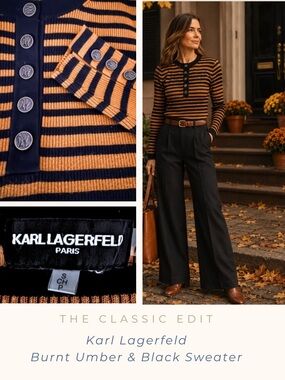 Karl Lagerfeld Paris Ribbed Knit Sweater Black Burnt Umber Stripe Button Detail